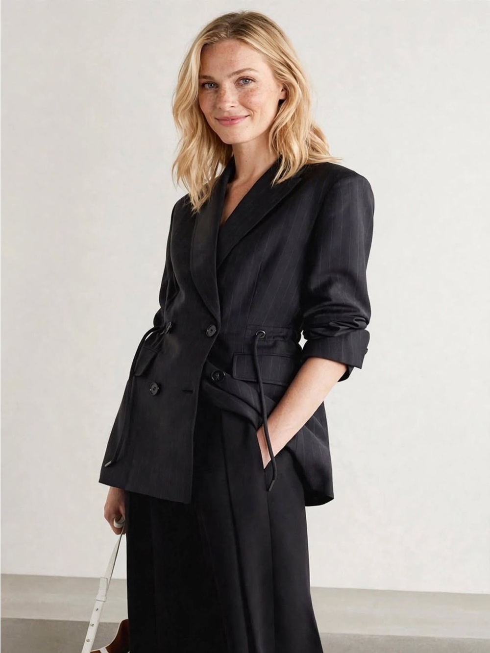 CO Blazer Jacket Black Pinstripe Wool Blend Tie Waist Pockets Size L